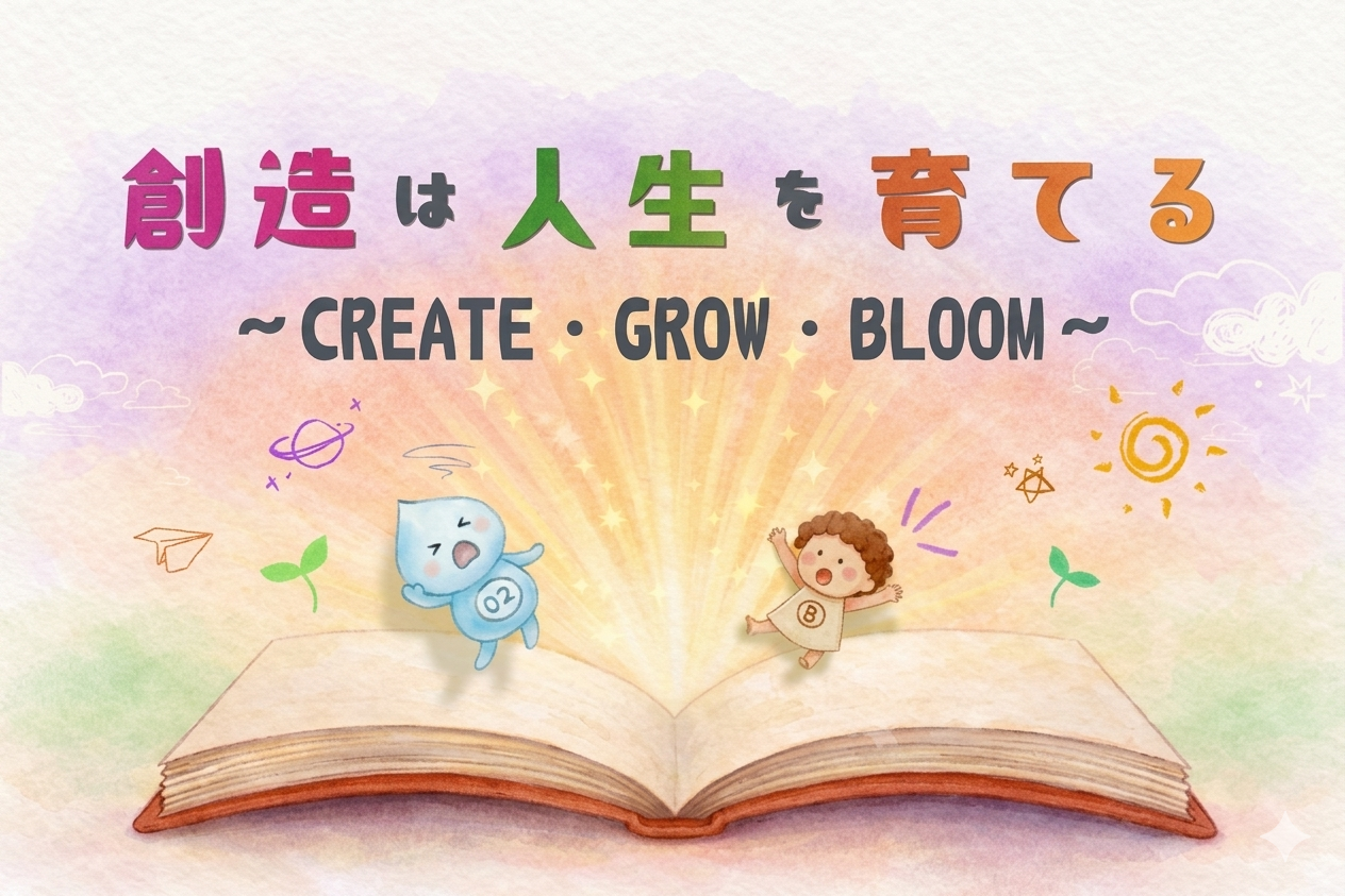 創造は人生を育てるというタイトルのトップページのイラスト。さんそのおっくんとブレインくんが絵本の中から飛び出しているイラストが描かれている。